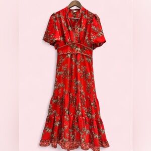 Red Floral Boho Tiered Midi Dress Puff Sleeve Cottagecore Max Studio S